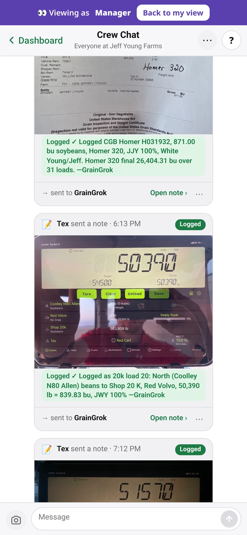 A scale ticket photo, logged by GrainGrok