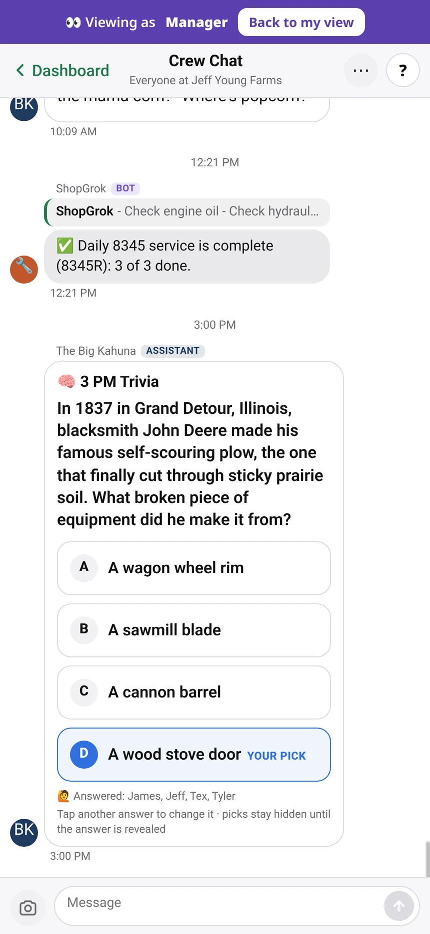 Daily crew trivia, tap to answer